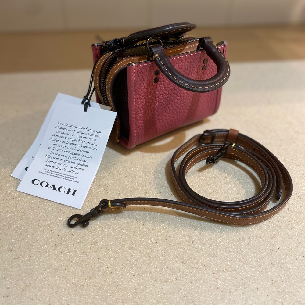 COACH Pink Pebbled Mini Satchel with Brown Trim & Detachable Strap